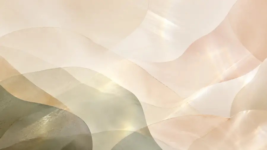Abstract flowing layers in warm ivory, soft sage and muted clay with subtle prism light