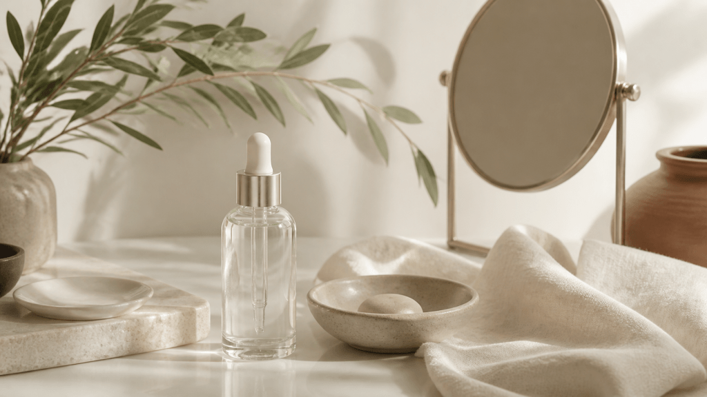 Editorial beauty still life with glass skincare bottle, mirror, linen and botanical branch for healthy aging content.