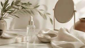 Editorial beauty still life with glass skincare bottle, mirror, linen and botanical branch for healthy aging content.