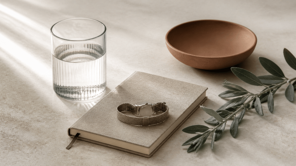 Editorial still life with water glass, notebook, watch and sage branch for longevity and biohacking content.