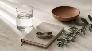 Editorial still life with water glass, notebook, watch and sage branch for longevity and biohacking content.