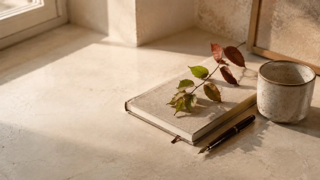 A linen notebook, fountain pen, ceramic cup and early-turning leaves on a sunlit stone desk, suggesting a calm seasonal re-entry.