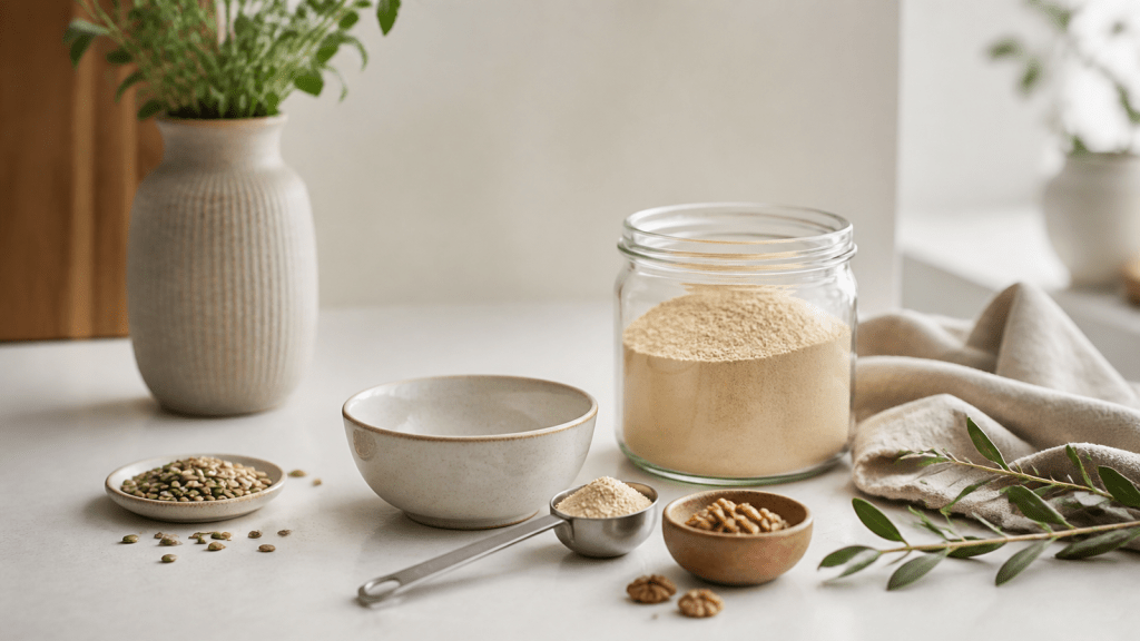 Editorial nutrition still life with ceramic bowl, unbranded powder jar, seeds and herbs for supplements and nutrition content.