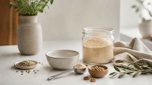 Editorial nutrition still life with ceramic bowl, unbranded powder jar, seeds and herbs for supplements and nutrition content.