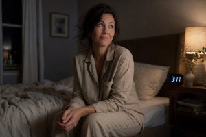 A woman in linen pajamas sits awake on the edge of her bed at 3:17 a.m. with a knowing, amused expression.