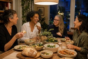 Four women share a relaxed weeknight dinner and laugh together around a warm dining table.