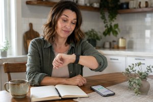 A woman gives her smartwatch an amused, skeptical look while reviewing a generic trend chart at the kitchen table.