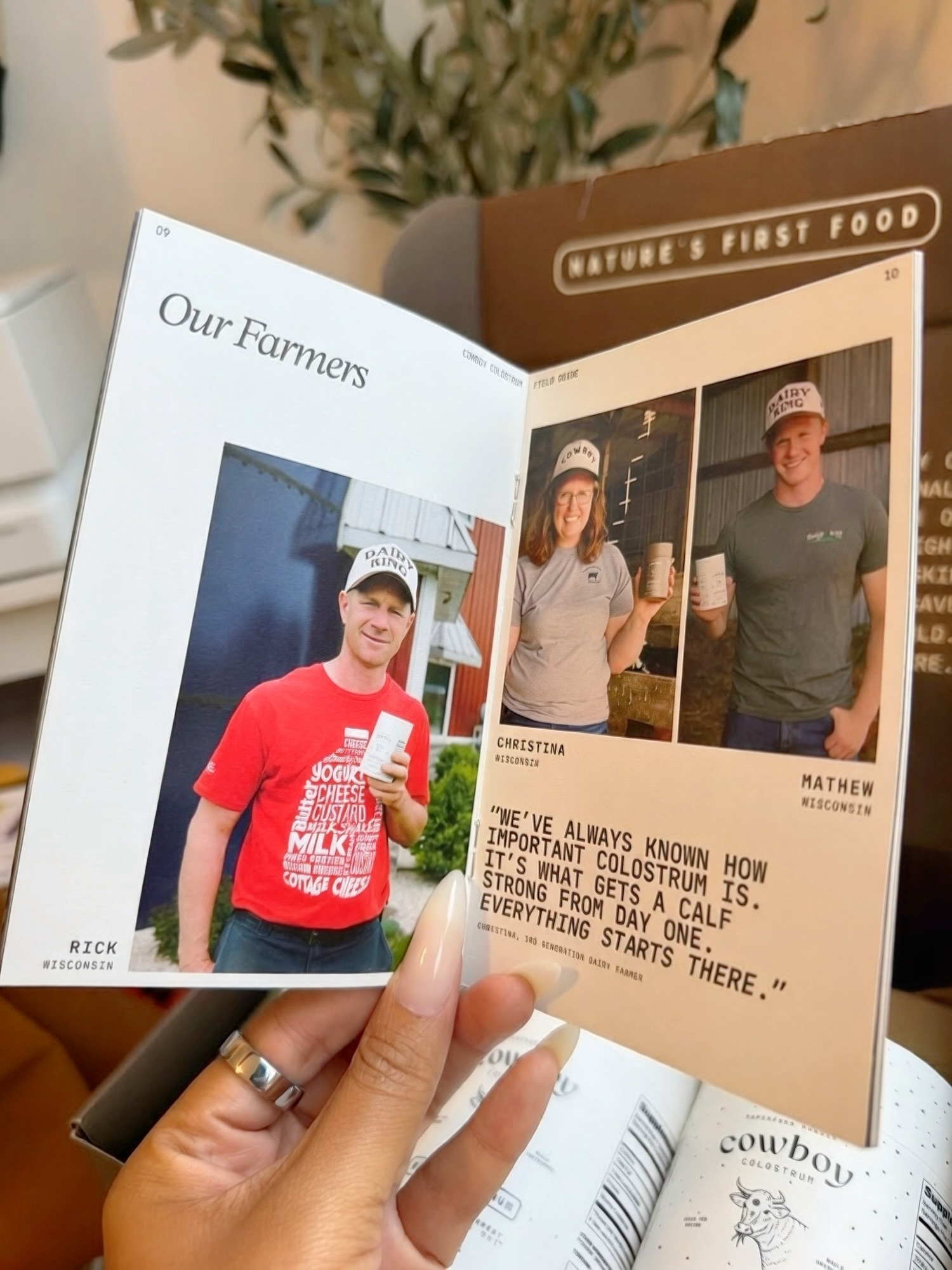 Open Cowboy Field Guide showing the farmers behind the colostrum alongside the delivered product jars