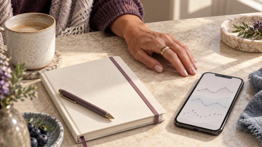 A midlife woman wearing a smart ring beside a health journal and a phone displaying abstract trend lines.