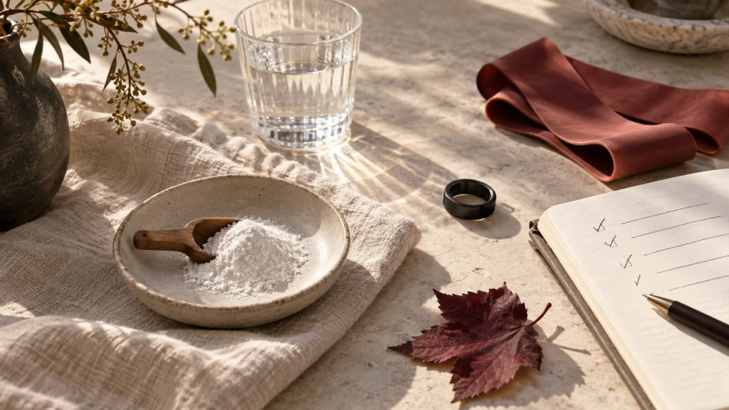 An autumn still life with a water glass, resistance band, unbranded powder, wearable ring and notebook, representing the need to separate evidence, experience and attribution.