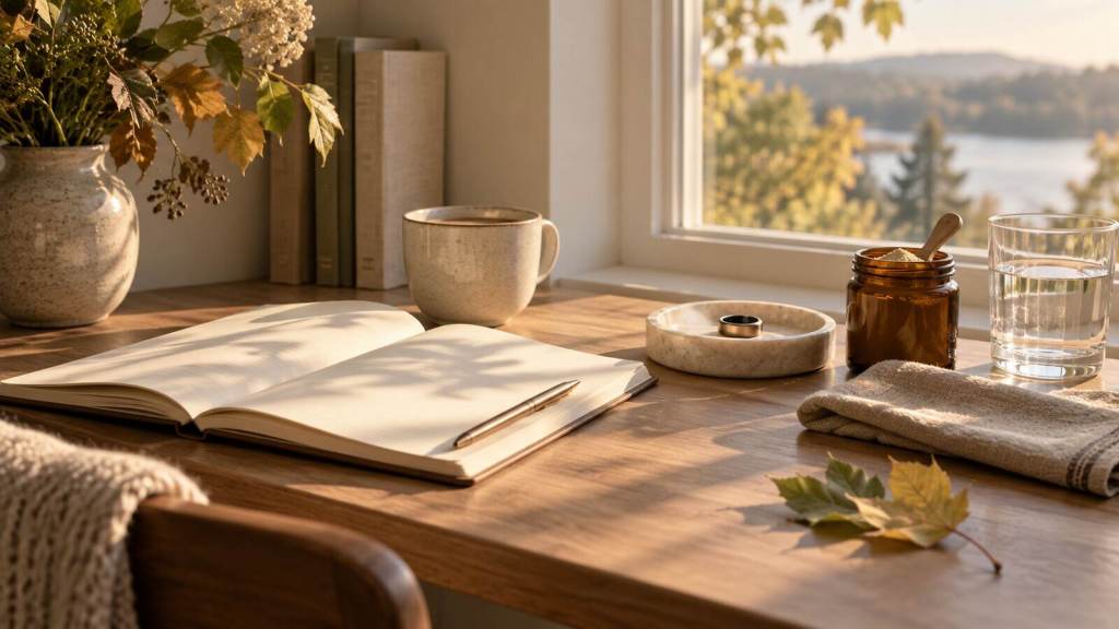 An early-September editorial desk with an open notebook, a ceramic cup, a smart ring, an unbranded amber jar and changing leaves in morning light.