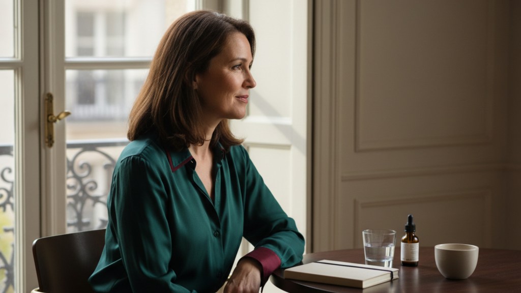 A woman sitting thoughtfully beside a window in early-autumn light, with a notebook and simple objects on a dark wood table.