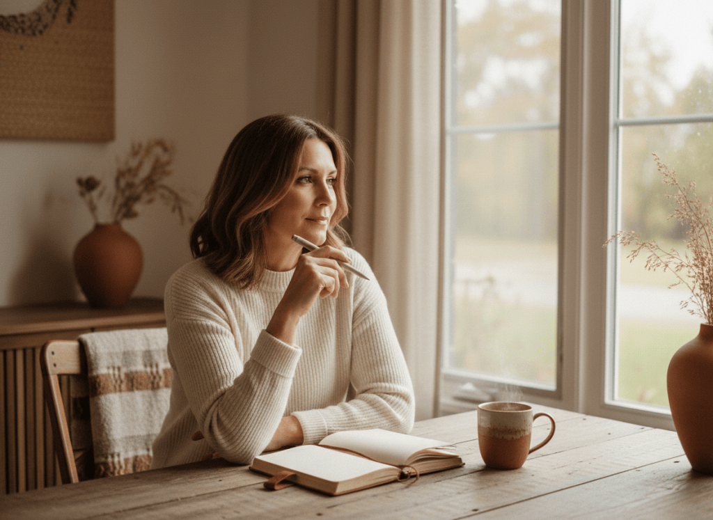 Woman in midlife sitting thoughtfully at a quiet morning table beside a window with a journal and cup.
