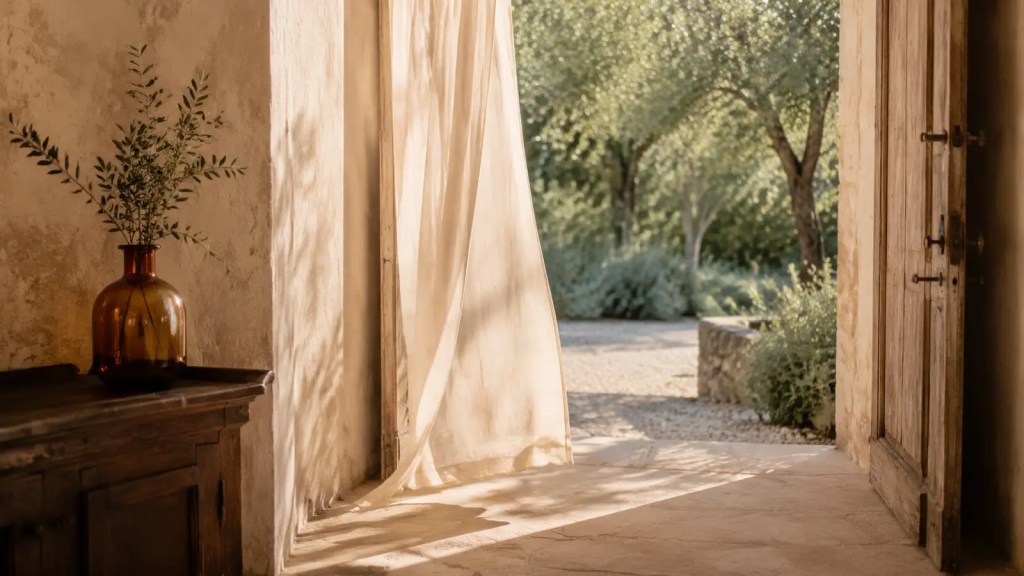 Late-summer sunlight through an open wooden doorway, with a linen curtain and an amber vase beside it.