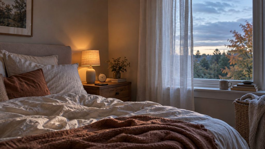 Early autumn daylight entering a calm bedroom with a warm bedside lamp still glowing.