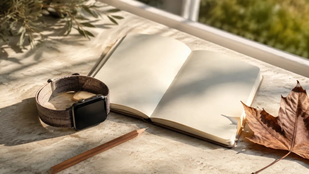 A smartwatch beside an open blank notebook, pencil and autumn leaf on a sunlit stone table.